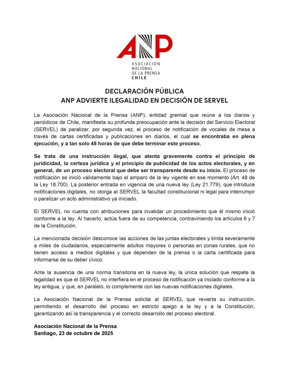 ANP ADVIERTE ILEGALIDAD EN DECISIÓN DE SERVEL
